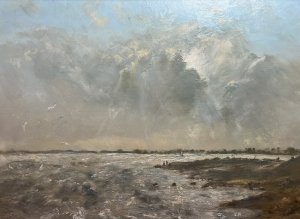 Artist - Gill Grinstead. Signed By Artist (Right Bottom Corner) Jill Grinstead. British School Impressionist Coastal Scene With Artwork Following Coastal Line Around A Rocky Bay. Textural Artwork In Thick Oils With Stormy Skies/ Choppy Sea Showcasing Moody Colour Pallet In Grey, Brown, Blue.