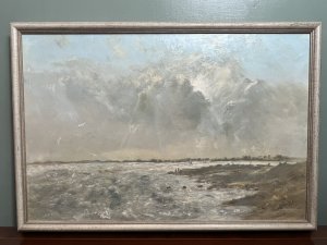 Artist - Gill Grinstead. Signed By Artist (Right Bottom Corner) Jill Grinstead. British School Impressionist Coastal Scene With Artwork Following Coastal Line Around A Rocky Bay. Textural Artwork In Thick Oils With Stormy Skies/ Choppy Sea Showcasing Moody Colour Pallet In Grey, Brown, Blue.