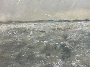 Artist - Gill Grinstead. Signed By Artist (Right Bottom Corner) Jill Grinstead. British School Impressionist Coastal Scene With Artwork Following Coastal Line Around A Rocky Bay. Textural Artwork In Thick Oils With Stormy Skies/ Choppy Sea Showcasing Moody Colour Pallet In Grey, Brown, Blue.