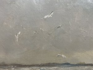 Artist - Gill Grinstead. Signed By Artist (Right Bottom Corner) Jill Grinstead. British School Impressionist Coastal Scene With Artwork Following Coastal Line Around A Rocky Bay. Textural Artwork In Thick Oils With Stormy Skies/ Choppy Sea Showcasing Moody Colour Pallet In Grey, Brown, Blue.
