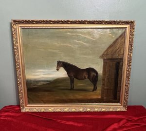 An Exceptional Quality Oil Painting By Accomplished Animal Painter Signed By Artist J Carr Pinnit. Showing Distinct Reference To The Work Of George Anvil STUBBS (1724-1806). Period Fine Art Portrait Of Dark Bay Hunting Stallion.
