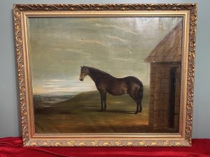 An Exceptional Quality Oil Painting By Accomplished Animal Painter Signed By Artist J Carr Pinnit. Showing Distinct Reference To The Work Of George Anvil STUBBS (1724-1806). Period Fine Art Portrait Of Dark Bay Hunting Stallion.