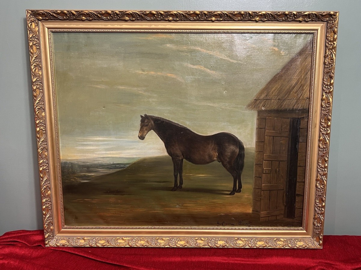 19th Century Oil Painting Of Chestnut Horse By Stable Signed J Carr Pinnit