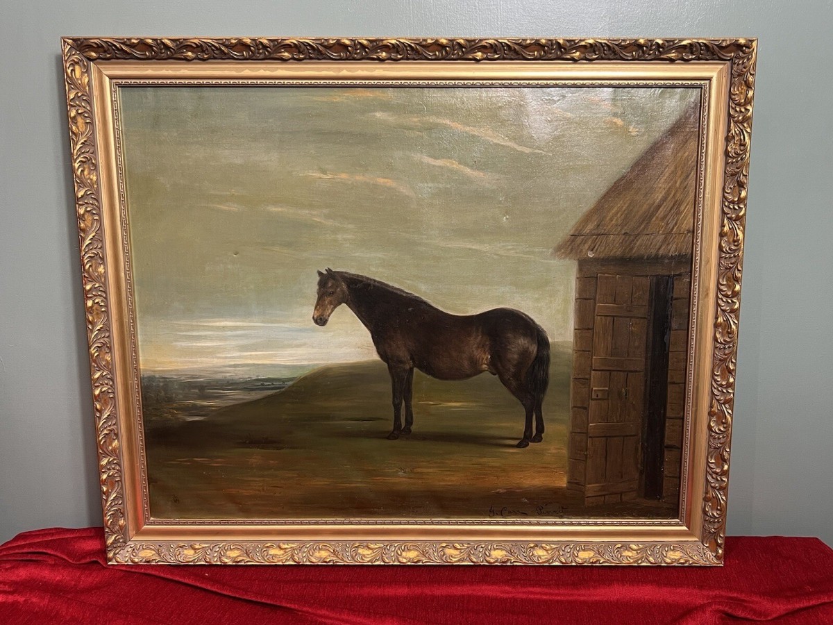 19th Century Oil Painting Of Chestnut Horse By Stable Signed J Carr Pinnit
