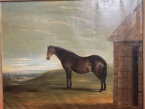 An Exceptional Quality Oil Painting By Accomplished Animal Painter Signed By Artist J Carr Pinnit. Showing Distinct Reference To The Work Of George Anvil STUBBS (1724-1806). Period Fine Art Portrait Of Dark Bay Hunting Stallion.