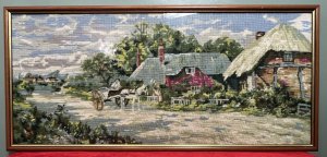 Abundant Floral Garlands In Vibrant Pinks With Vigorous Forna In A Multitude Of Green Hues. Wonderful Perspective With Buildings In The Distance. Stunning Conversation Piece For Wall Hanging Decoration.