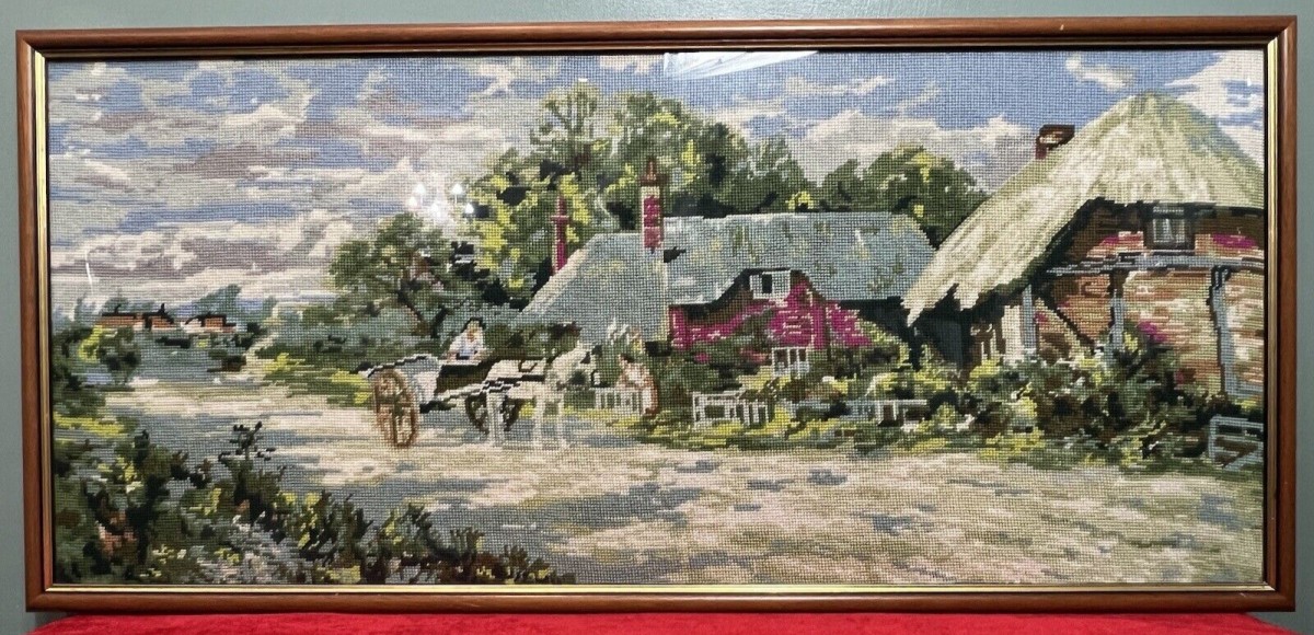 20th Century Large Cumbrian Cottage & Farmstead Framed Wool Work Tapestry