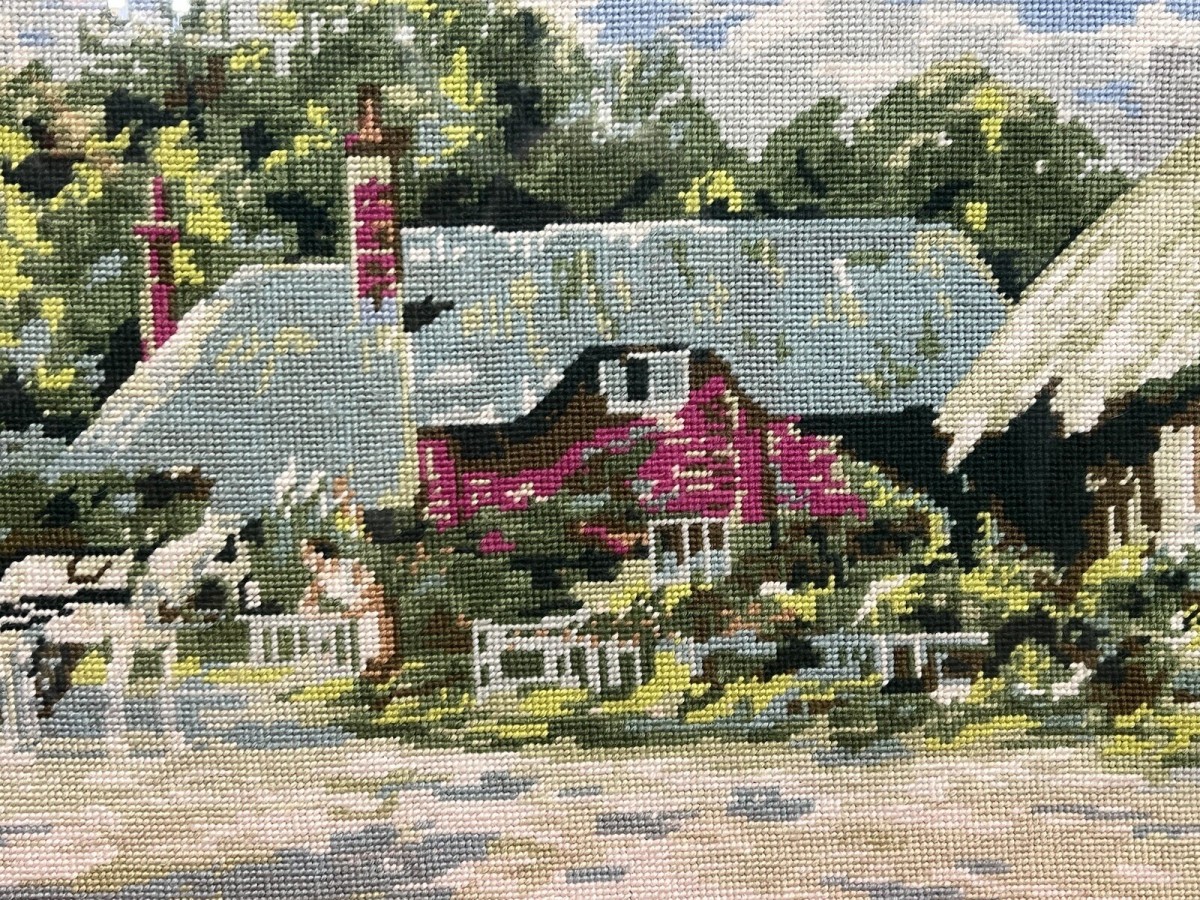 20th Century Large Cumbrian Cottage & Farmstead Framed Wool Work Tapestry