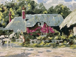 Abundant Floral Garlands In Vibrant Pinks With Vigorous Forna In A Multitude Of Green Hues. Wonderful Perspective With Buildings In The Distance. Stunning Conversation Piece For Wall Hanging Decoration.