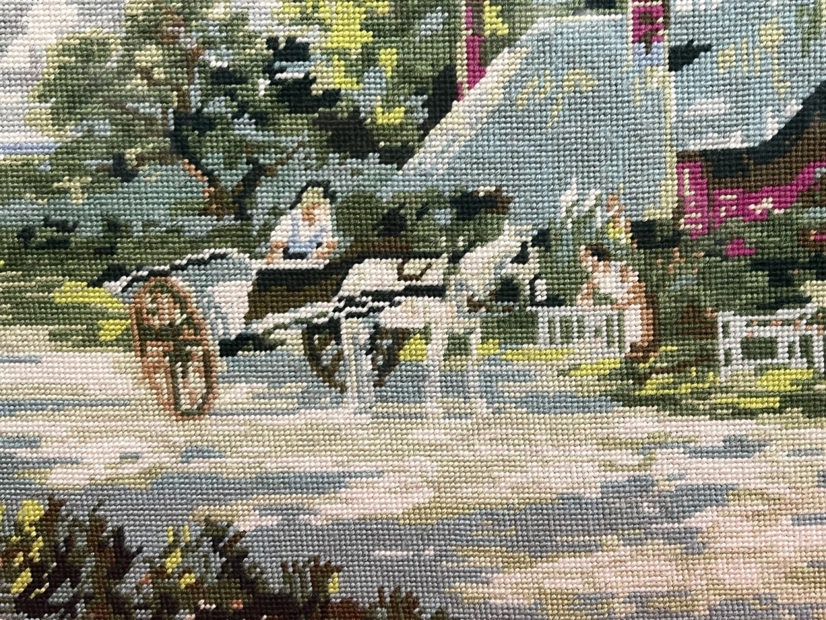 20th Century Large Cumbrian Cottage & Farmstead Framed Wool Work Tapestry