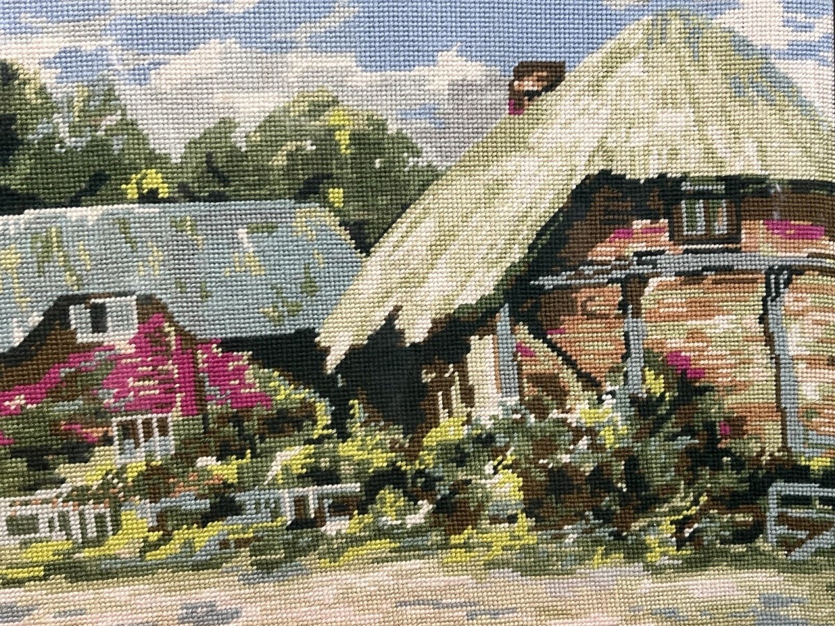 20th Century Large Cumbrian Cottage & Farmstead Framed Wool Work Tapestry