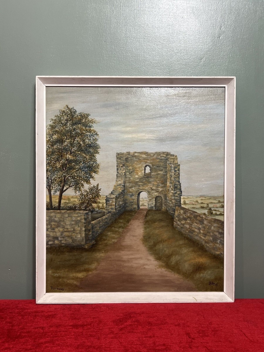 20c British Historic Tutbury Castle 'john O Gaunts Gateway' Oil Painting Signed