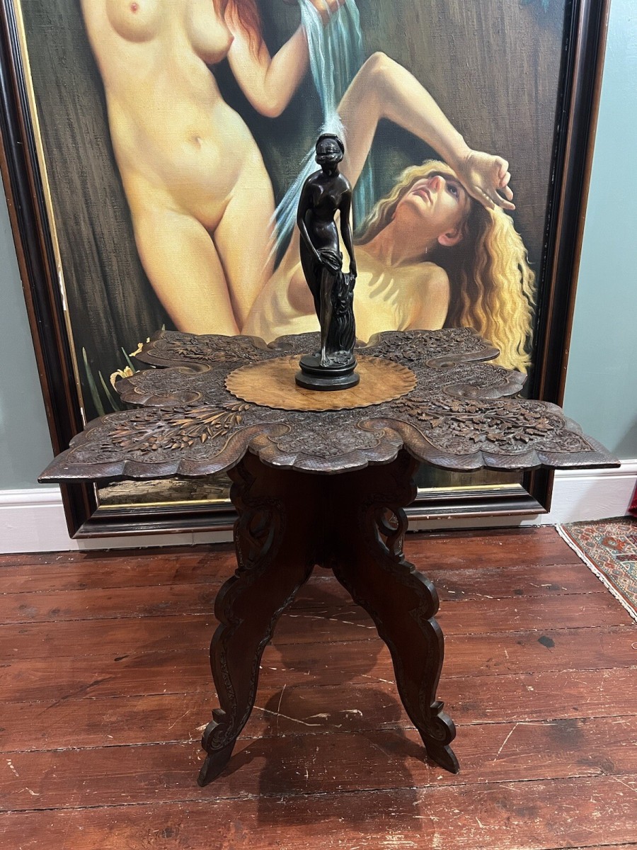 Primary image for 19th Century Burmese Fine Quality Hand Carved Four Seasons Folding Tea Table
