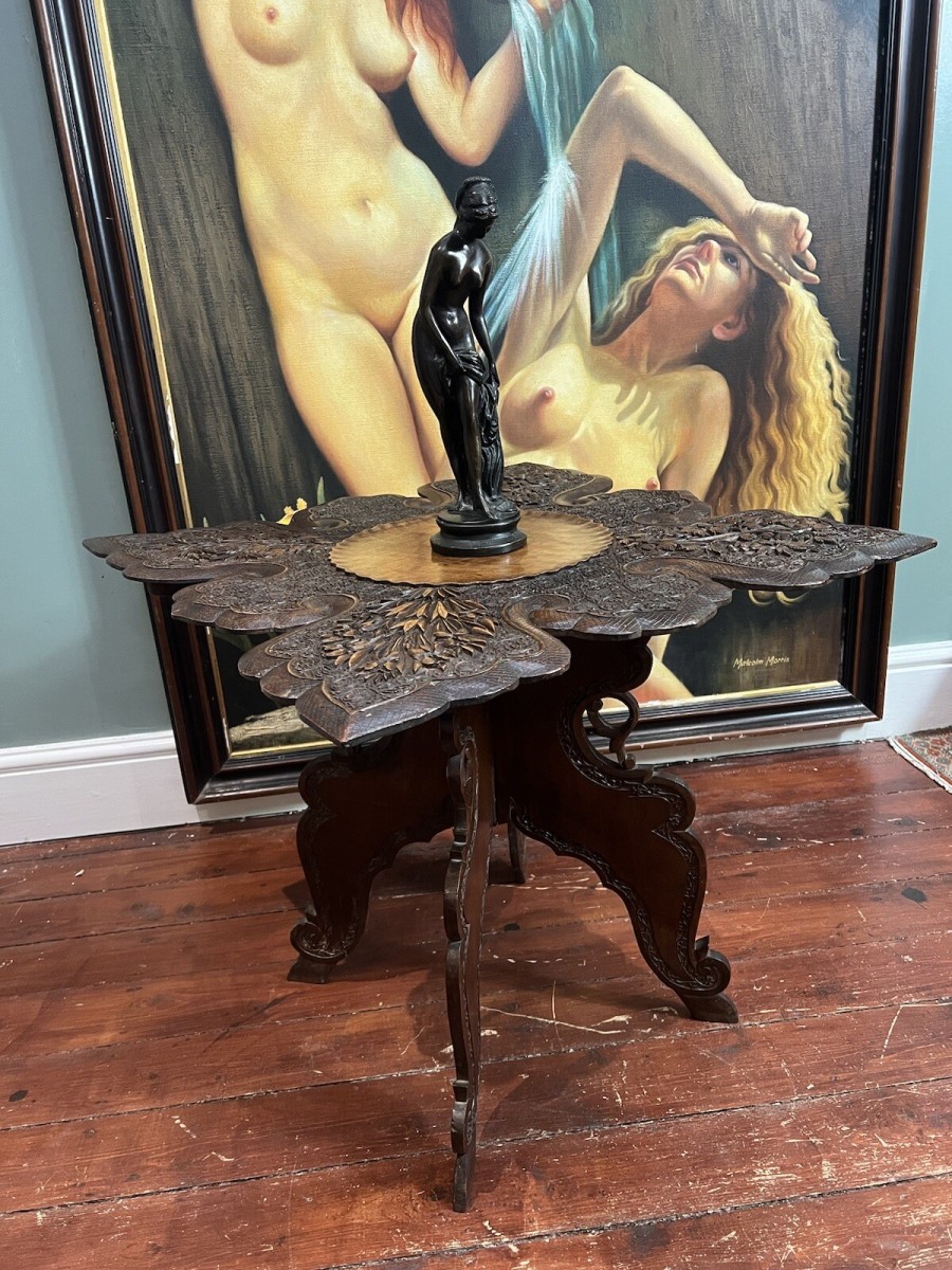 19th Century Burmese Fine Quality Hand Carved Four Seasons Folding Tea Table