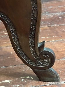 Central Circular Raised Scalloped Serving Tray For Afternoon Tea, With All Surroundings Entwined With Floral Magnolia Vines And Delightfully Finished With Elaborate Boarded Edge Of Serpent Scales. The Underside Of Table Top With Wood Fixings To Rest Top Securely Upon Base.