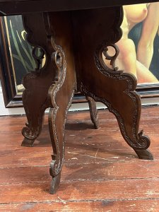 Central Circular Raised Scalloped Serving Tray For Afternoon Tea, With All Surroundings Entwined With Floral Magnolia Vines And Delightfully Finished With Elaborate Boarded Edge Of Serpent Scales. The Underside Of Table Top With Wood Fixings To Rest Top Securely Upon Base.