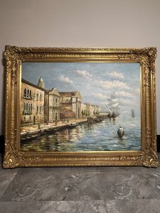 Elaborate Artwork For Display In Opulent Living Space. Fine Large Exhibition Oil Painting Depicting The Stunning Frontal View Along The Grand Canal, Venice Italy. Composition - Oil On Board.