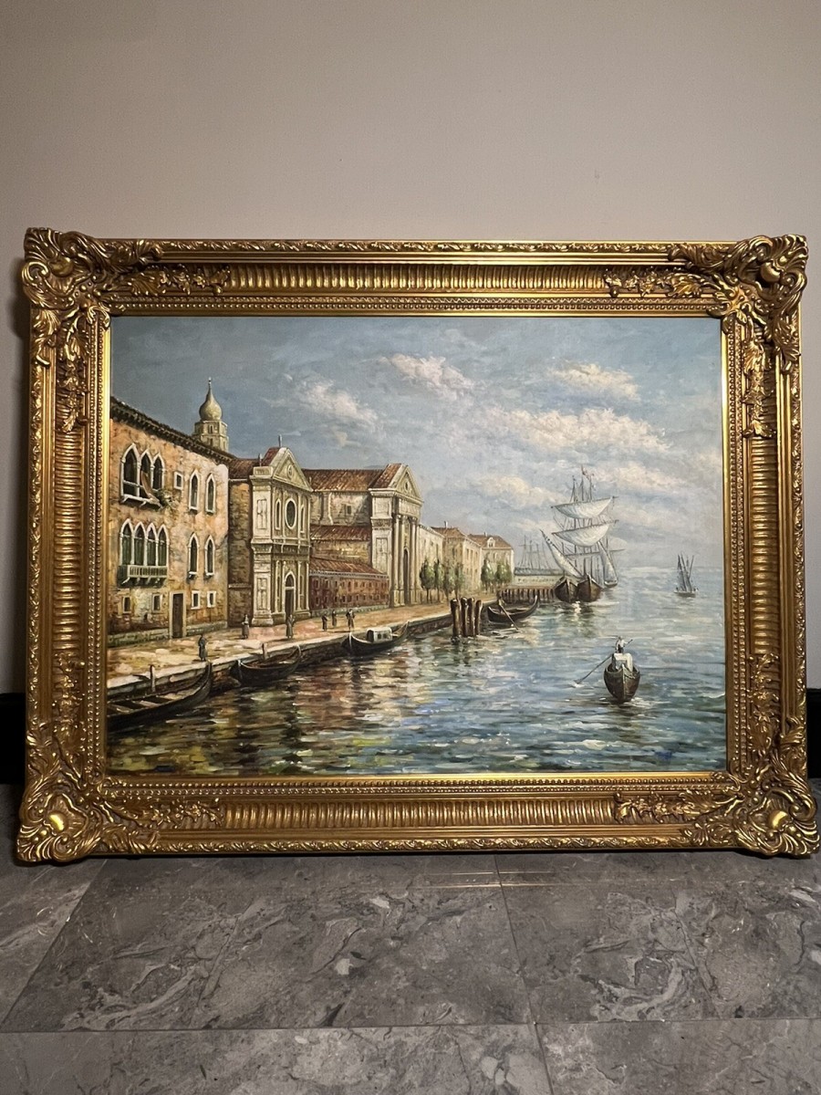 Large Impressive Venetian Grand Canal Waterfront Exhibition Oil Painting