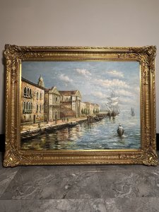 Elaborate Artwork For Display In Opulent Living Space. Fine Large Exhibition Oil Painting Depicting The Stunning Frontal View Along The Grand Canal, Venice Italy. Composition - Oil On Board.