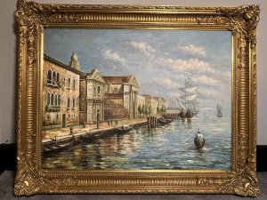 Elaborate Artwork For Display In Opulent Living Space. Fine Large Exhibition Oil Painting Depicting The Stunning Frontal View Along The Grand Canal, Venice Italy. Composition - Oil On Board.