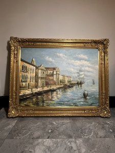 Elaborate Artwork For Display In Opulent Living Space. Fine Large Exhibition Oil Painting Depicting The Stunning Frontal View Along The Grand Canal, Venice Italy. Composition - Oil On Board.