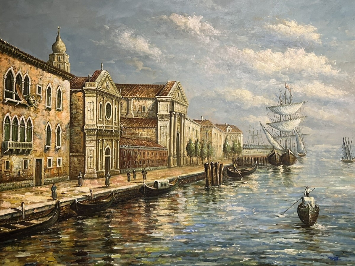 Large Impressive Venetian Grand Canal Waterfront Exhibition Oil Painting