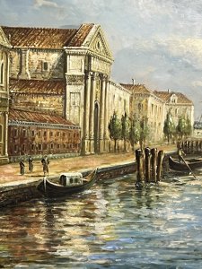 Elaborate Artwork For Display In Opulent Living Space. Fine Large Exhibition Oil Painting Depicting The Stunning Frontal View Along The Grand Canal, Venice Italy. Composition - Oil On Board.
