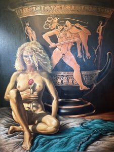This Unknown Female Muse Is Painted In The Majority Of Malcolm Morris's Oil Paintings. She Bares Striking Facial Features With Piercing Blue Eyes And Naturally Volumous Curly Hair. Exceptional Artwork By Accomplished Hand.