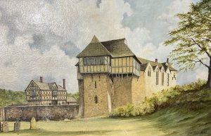The Castle Comprises A Walled, Moated Enclosure, With A Entranceway Throughout A 17th Century Timber And Plaster Gatehouse. Artwork Title - Stokesay Castle Churchyard View. Defined Brushwork By British Accomplished Artist R Price.