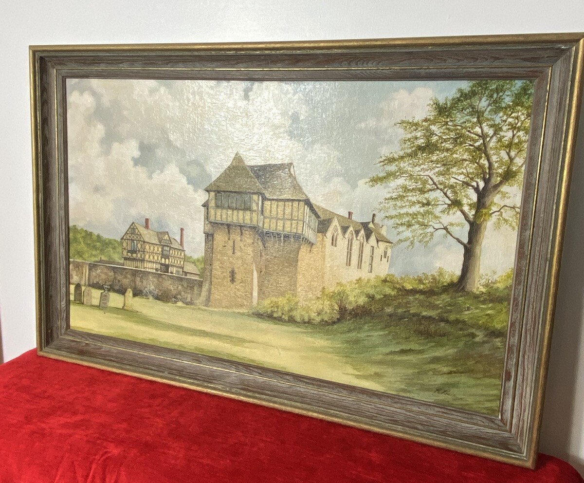 Historical 20thc Oil Painting Of Stokesay Castle Shropshire By Artist R Price