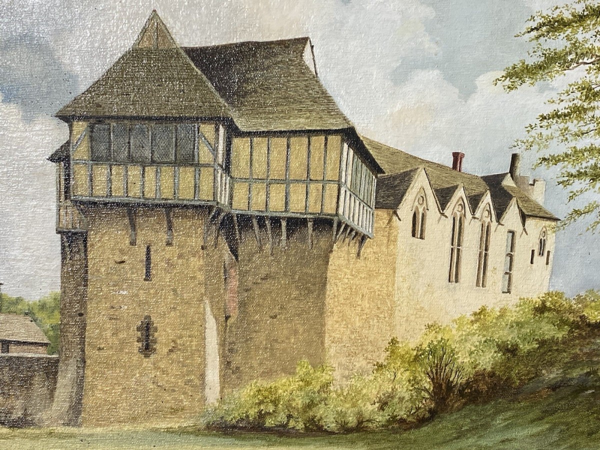 Historical 20thc Oil Painting Of Stokesay Castle Shropshire By Artist R Price