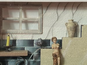 Grecian Bath Interior Scene With Half Tiled Wall And Large Viewing Window. A Tiered Stairway On The Right Side Decorated With Grecian Pot And Blue Rose. Hanging Hooks On Reverse. Composition - Wood/Resin.