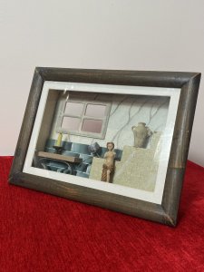 Grecian Bath Interior Scene With Half Tiled Wall And Large Viewing Window. A Tiered Stairway On The Right Side Decorated With Grecian Pot And Blue Rose. Hanging Hooks On Reverse. Composition - Wood/Resin.