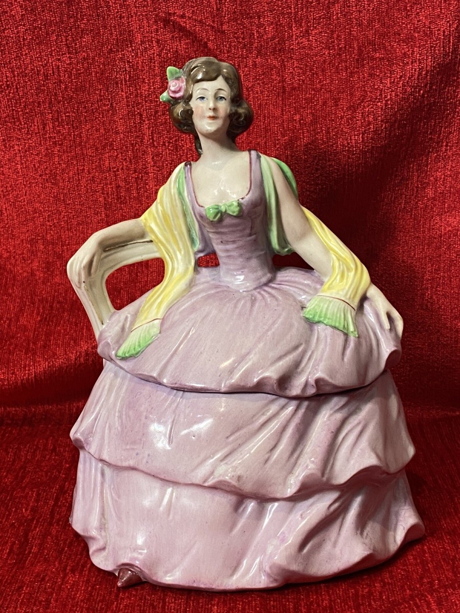 Primary image for Decorative Victorian Lady Figurine In Elaborate Crinoline Gown Trinket Box