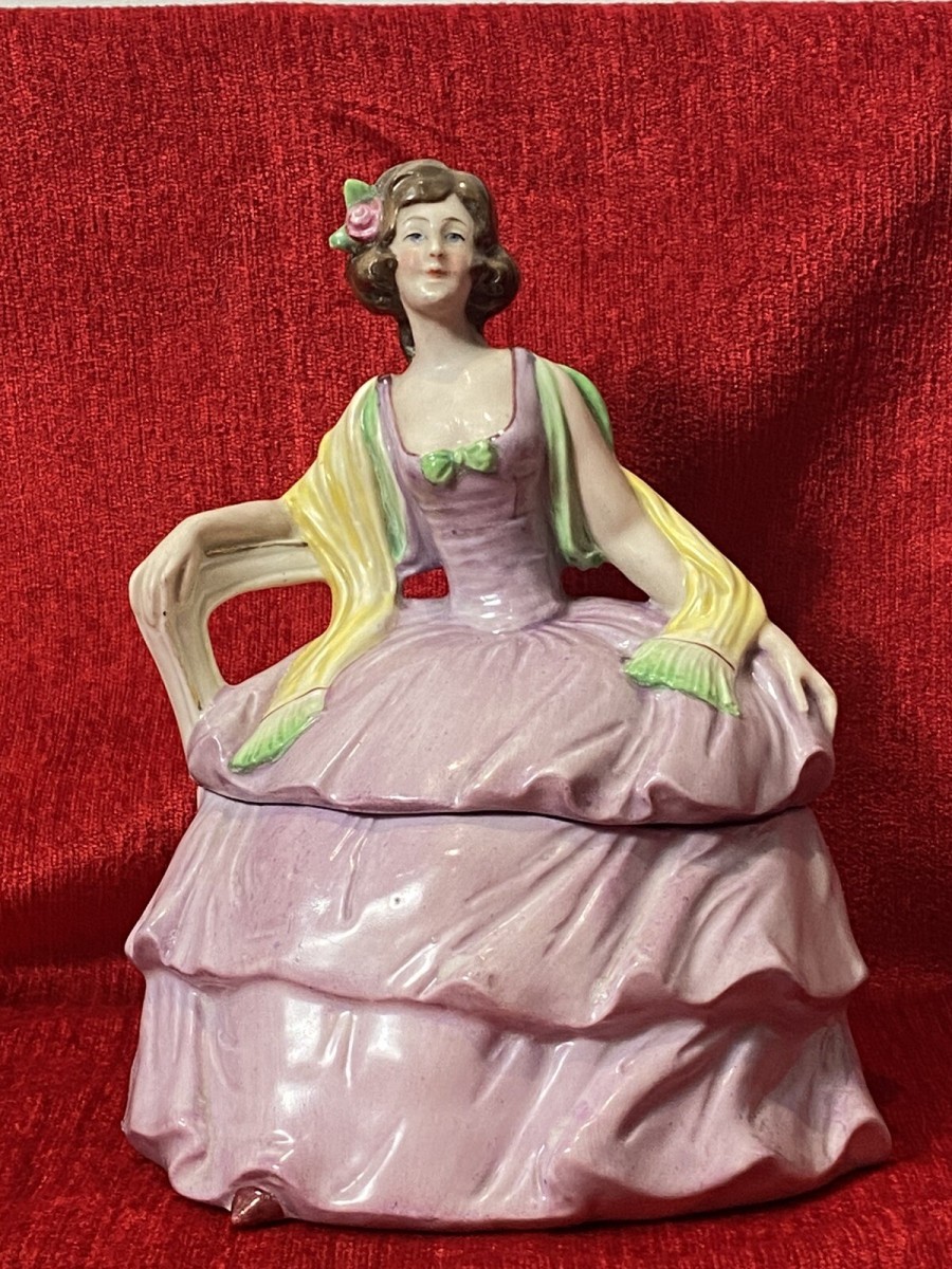 Decorative Victorian Lady Figurine In Elaborate Crinoline Gown Trinket Box