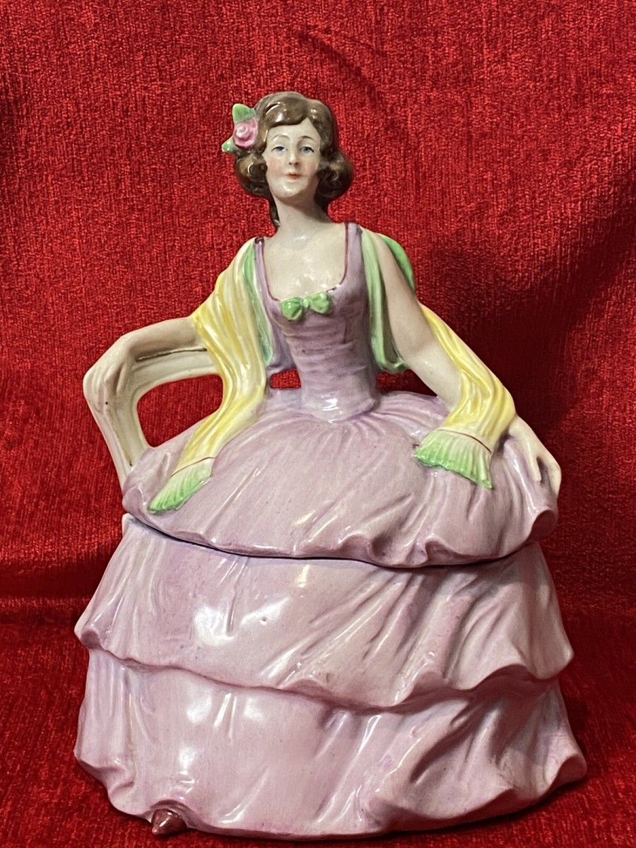 Decorative Victorian Lady Figurine In Elaborate Crinoline Gown Trinket Box