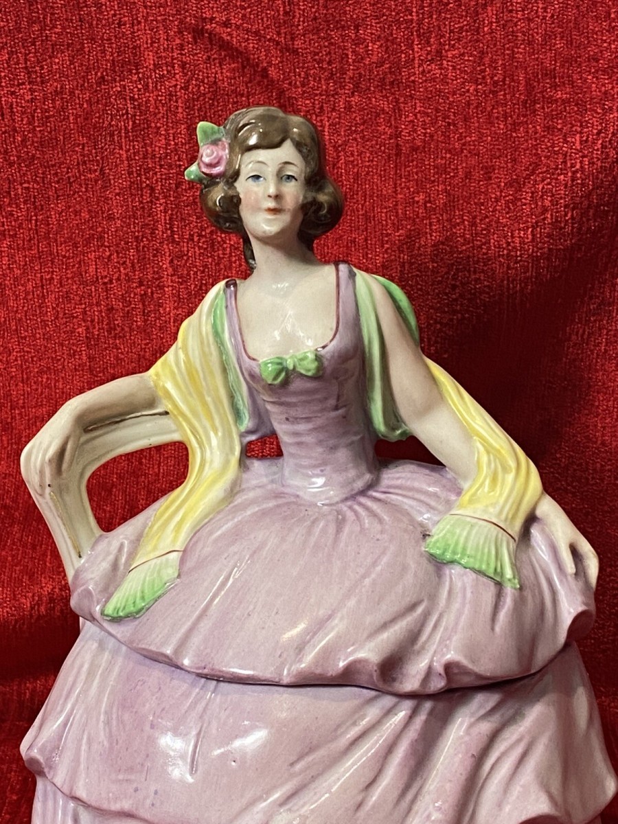 Decorative Victorian Lady Figurine In Elaborate Crinoline Gown Trinket Box