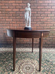 Stunning Period Antique George III Demi Lune Tea Table In Rich Plum Mahogany. Demi Lune Top Folds Out To Create Circular Turn Over Table Top With Decorative Satinwood Herringbone Inlays All Around Top Edge Set On Original Antique Brass Hinges.
