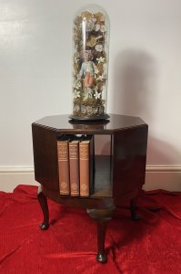 Set Upon Circular Base And Queen Anne Legs. Composition - Solid Cherry Mahogany. Width/ Depth 18 1/4 " Square. Height 20 1/4". Lovely Used- Signs Of Wear With Minor Scratches Due To Age.