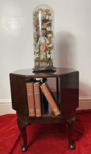 Set Upon Circular Base And Queen Anne Legs. Composition - Solid Cherry Mahogany. Width/ Depth 18 1/4 " Square. Height 20 1/4". Lovely Used- Signs Of Wear With Minor Scratches Due To Age.