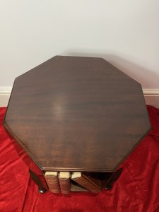 Set Upon Circular Base And Queen Anne Legs. Composition - Solid Cherry Mahogany. Width/ Depth 18 1/4 " Square. Height 20 1/4". Lovely Used- Signs Of Wear With Minor Scratches Due To Age.