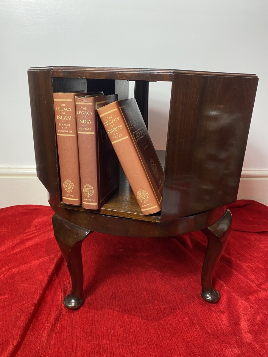 Revolving Octagonal Cherry Mahogany Bookcase On Elegant Queen Anne Legs