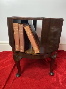 Set Upon Circular Base And Queen Anne Legs. Composition - Solid Cherry Mahogany. Width/ Depth 18 1/4 " Square. Height 20 1/4". Lovely Used- Signs Of Wear With Minor Scratches Due To Age.