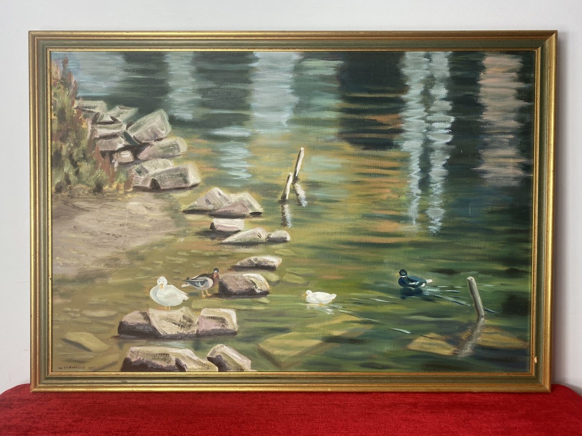 20th Century Ducklings With Stepping Stones Oil Painting Signed H H Connelly