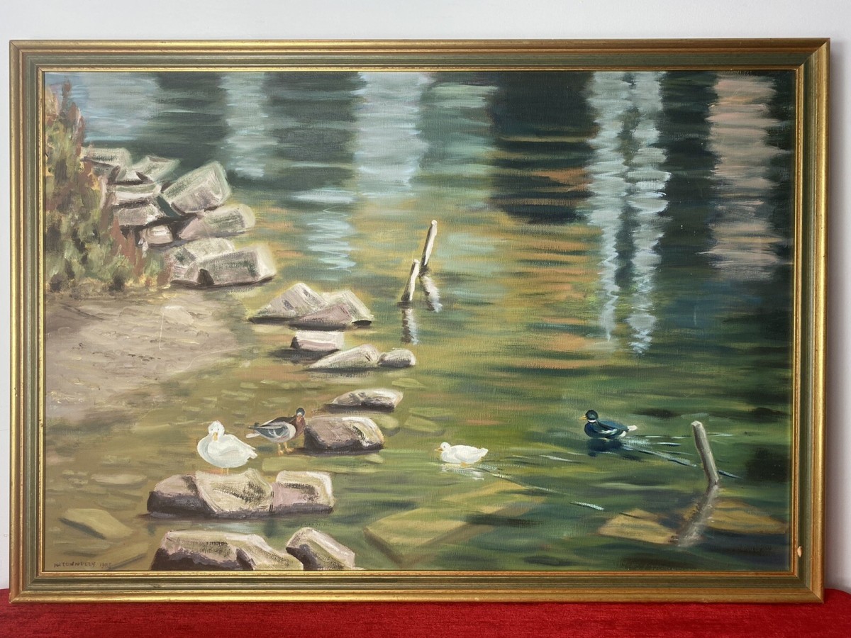 20th Century Ducklings With Stepping Stones Oil Painting Signed H H Connelly