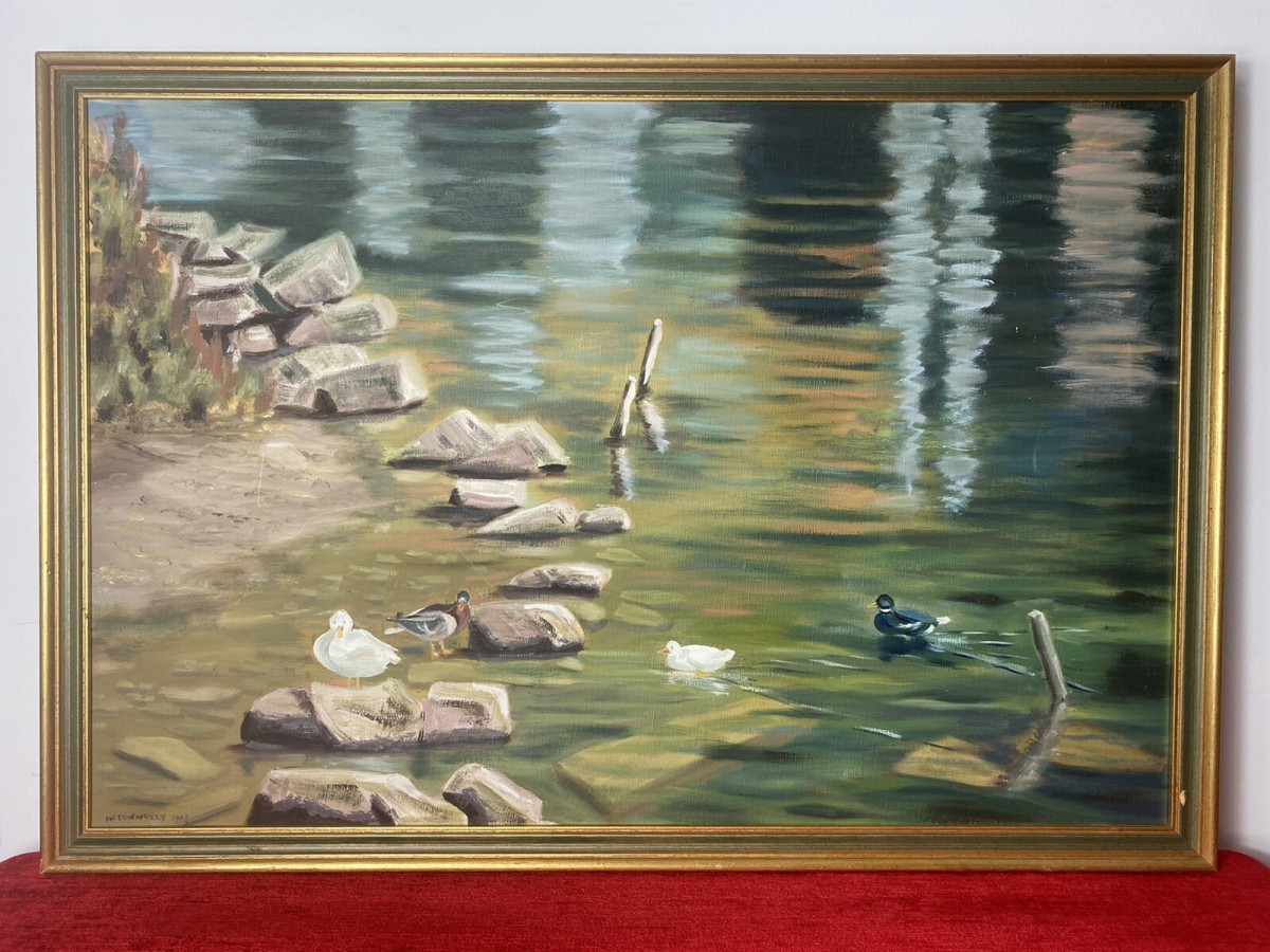 20th Century Ducklings With Stepping Stones Oil Painting Signed H H Connelly