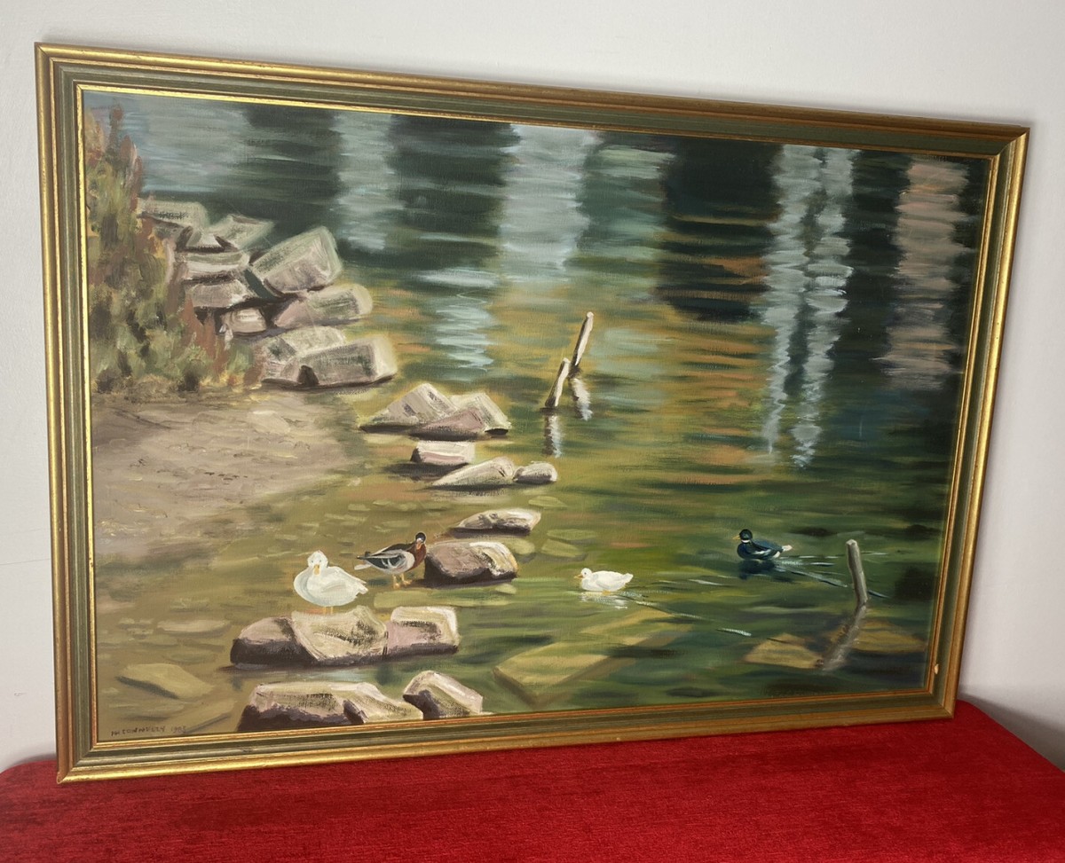 20th Century Ducklings With Stepping Stones Oil Painting Signed H H Connelly