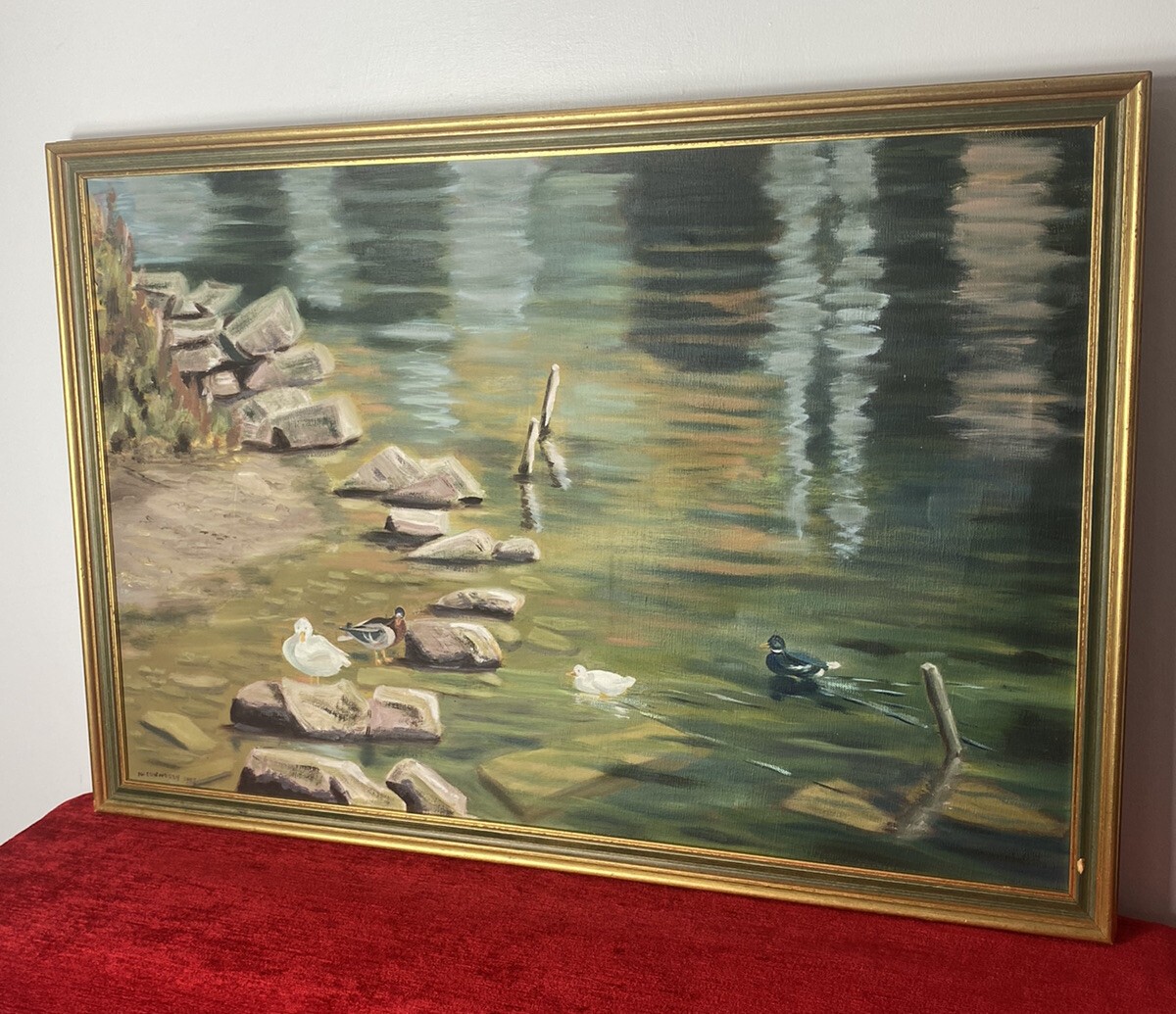 20th Century Ducklings With Stepping Stones Oil Painting Signed H H Connelly
