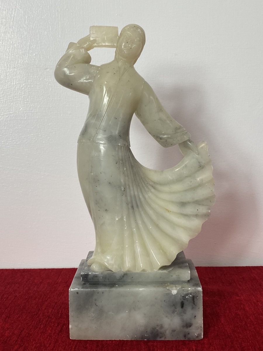 Primary image for 19th Century Jade Figurine Of Chinese Qing Female With Queue Hairstyle On Plinth