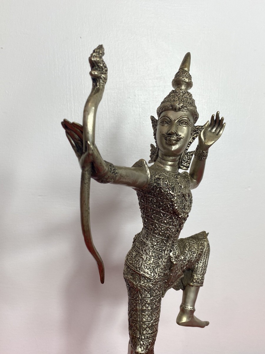 Rare Bronze Buddha Huntress Figural Sculpture Over Gilded In Silver Plate